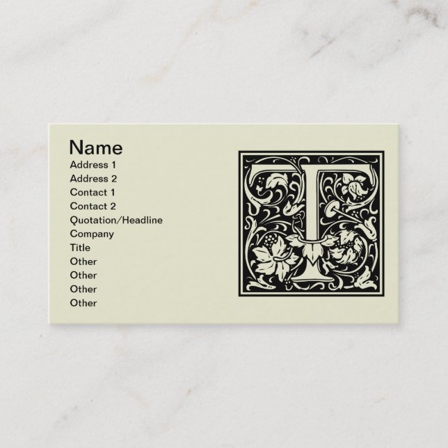 Carte De Visite Lettre T Monogramme médiéval Art Nouveau (Devant)
