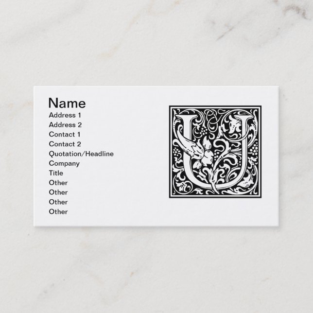 Carte De Visite Lettre U Monogramme médiéval Art Nouveau (Devant)