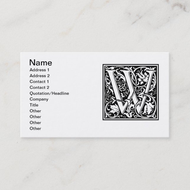 Carte De Visite Lettre W Monogramme médiéval Art Nouveau (Devant)