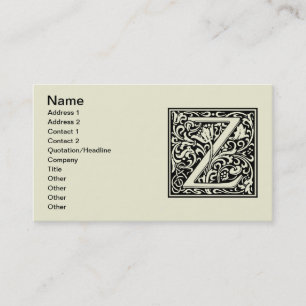 Carte De Visite Lettre Z Monogramme médiéval Art Nouveau