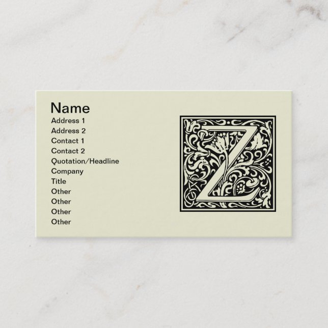 Carte De Visite Lettre Z Monogramme médiéval Art Nouveau (Devant)