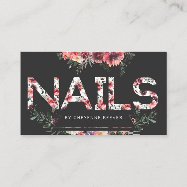 Carte De Visite Lettres florales rustiques sur noir | Nails (Devant)