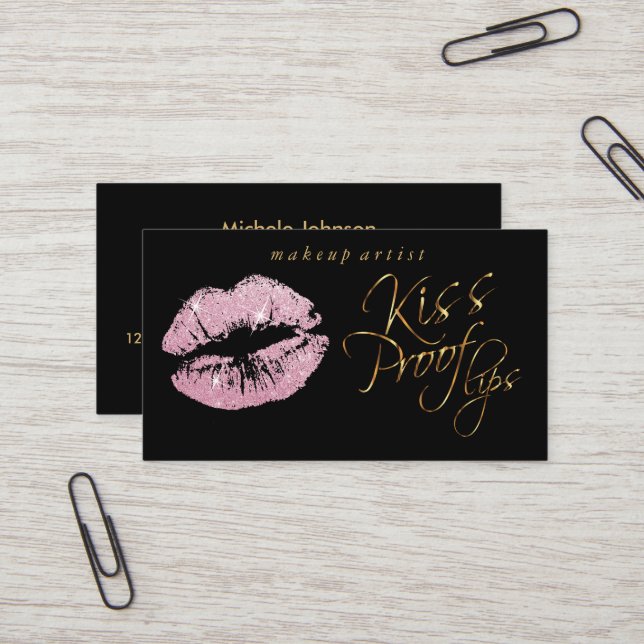 Carte De Visite Lèvres à preuve Kiss - Parties scintillant rose et (Devant/Arrière en situation)