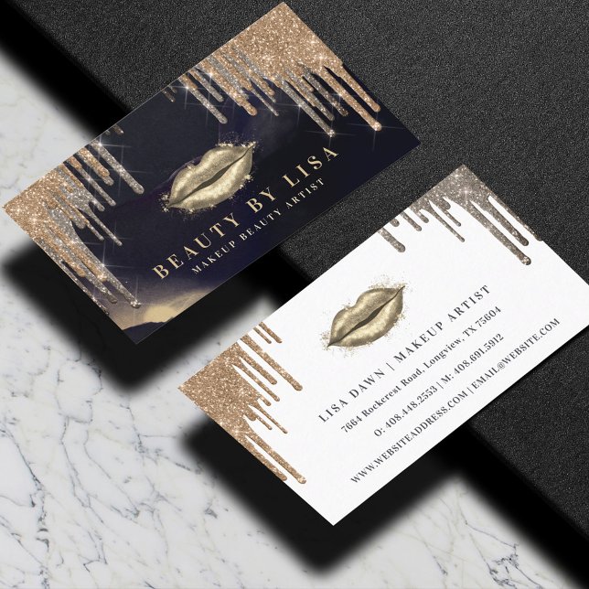 Carte De Visite Lèvres glamées Marine & Gold Parties scintillant o (Glamorous Gold Glitter Drip Navy & Gold Glam Lips Business Card)