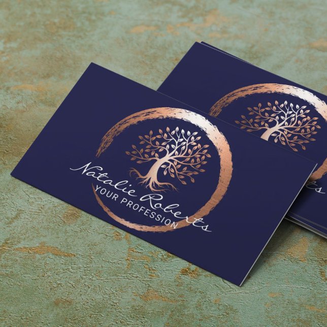 Carte De Visite Life Tree Gold Circle Yoga Wellness Spa Navy Blue (Créateur téléchargé)
