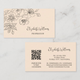 Carte De Visite Ligne artistique florale noire Botanique QR-Code