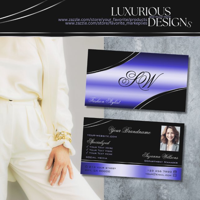 Carte De Visite Lignes courbées bleues brillantes Monogramme et ph (Créateur téléchargé)