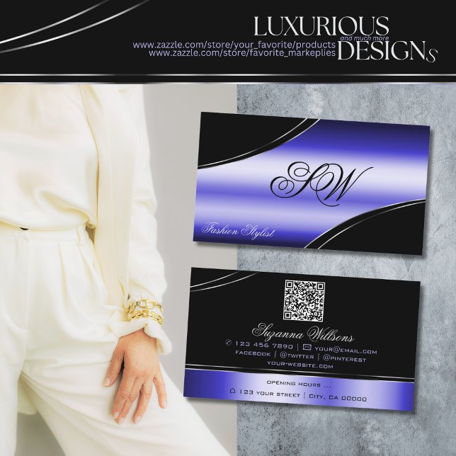 Carte De Visite Lignes courbes bleu-noir intelligentes Monogramme  (Créateur téléchargé)