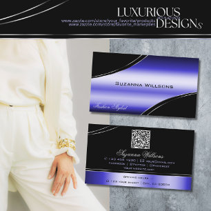 Carte De Visite Lignes de déco incurvée en bleu noir avec code QR