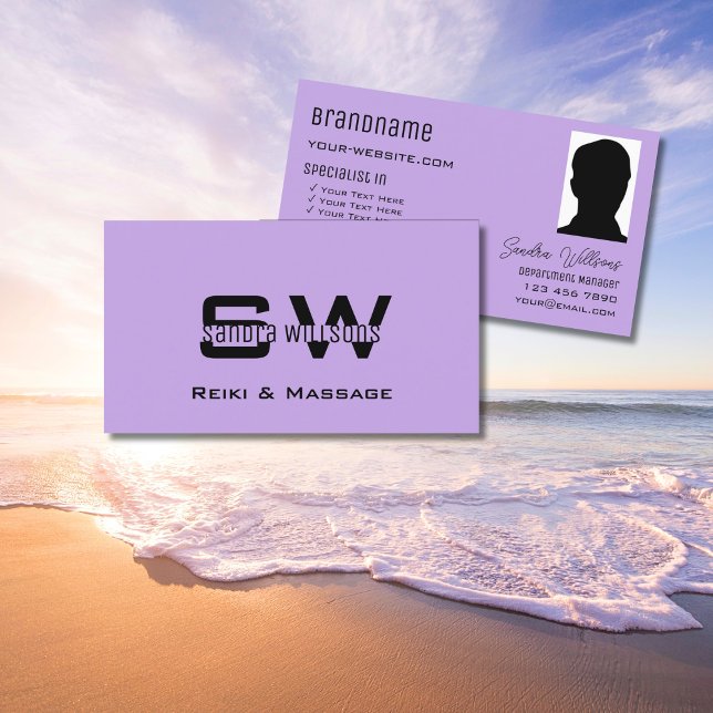 Carte De Visite Lilac clair avec Monogramme et lumière photo viole (Créateur téléchargé)