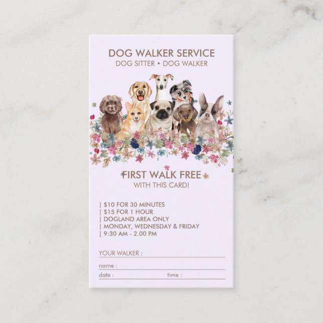 Carte De Visite Lilac Dog Walker Service Nom cadeau gratuit (Devant)