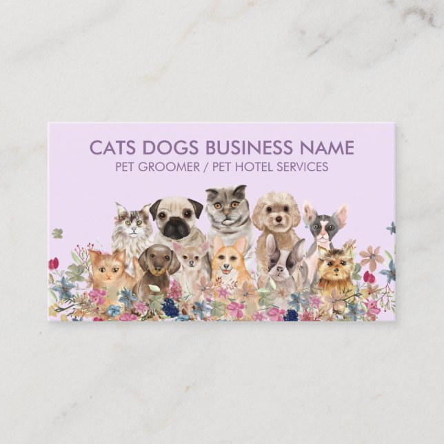 Carte De Visite Lilac Purple Chiens et Chats fleurs (Devant)