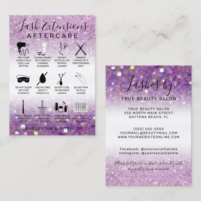 Carte De Visite Lilac Purple Parties scintillant Lash Extension Af (Devant / Derrière)