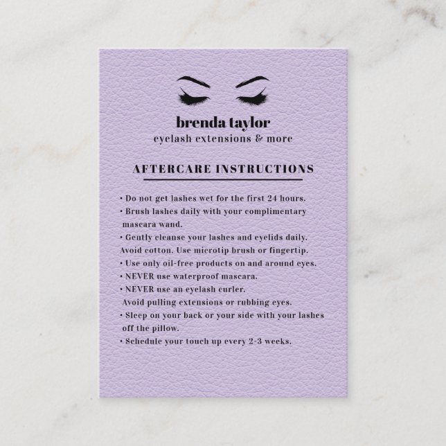 Carte De Visite LILAC Suede Eyelash Browbar Instructions pour les  (Devant)