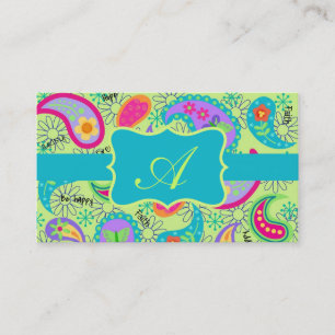 Carte De Visite Lime Vert Turquoise Moderne Paisley Monogramme