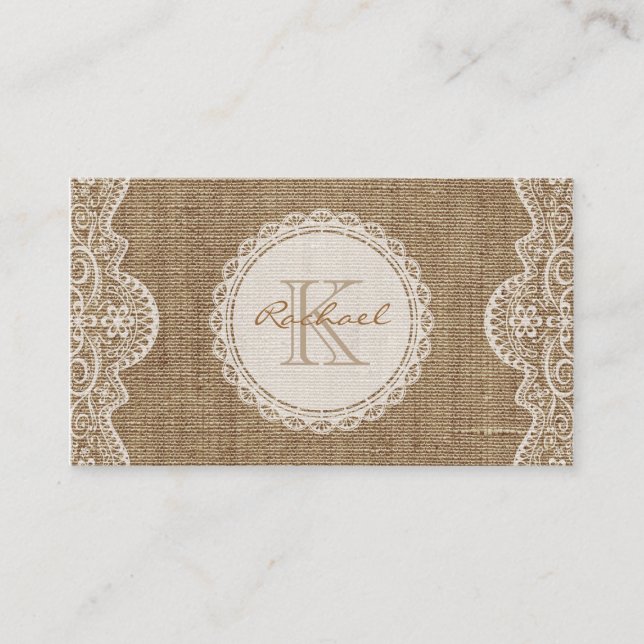 Carte De Visite Linen Burlap Blanche dentelle Monogramme Contact p (Devant)