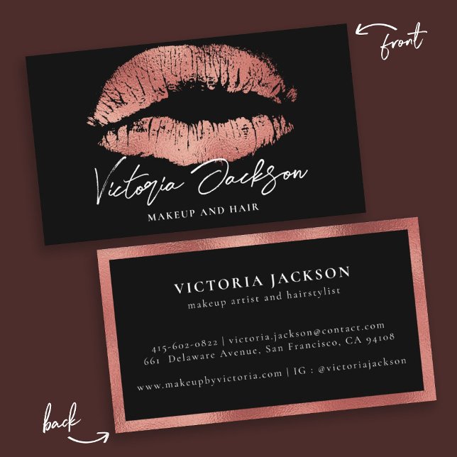 Carte De Visite Lips rose Gold Foil Moderne Elegant Black Beauté (Créateur téléchargé)