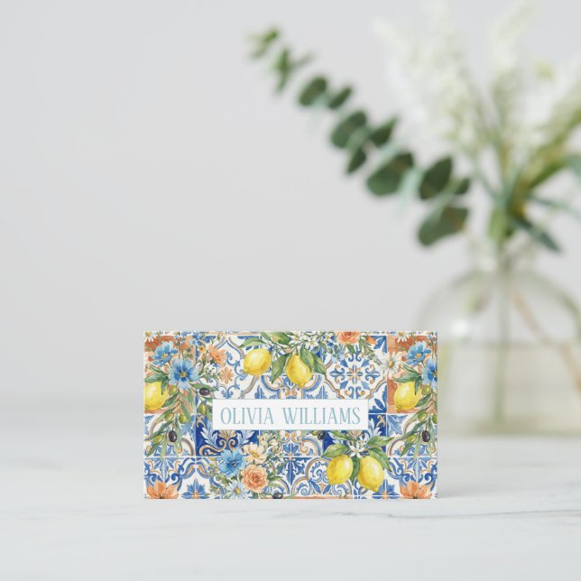 Carte De Visite Lisbon Elegant Mediterranean Lemon Tile Pattern (Debout devant)