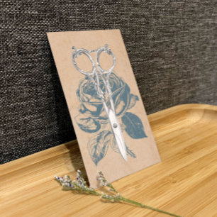 Carte De Visite Liste de cheveux Ciseau Vintage et Rose bleu Flora