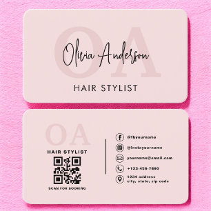 Carte De Visite Liste de cheveux QR Code Monogramme rose pâle