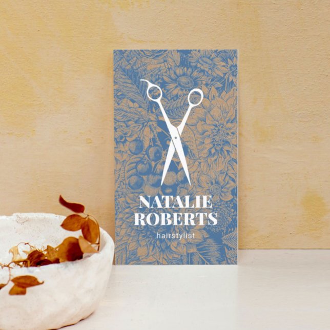 Carte De Visite Liste de cheveux Vintage bleu floral rustique Kraf (Créateur téléchargé)