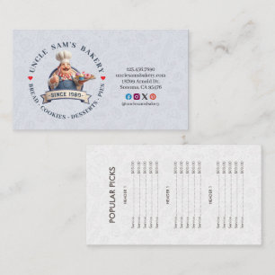 Carte De Visite Liste de prix des desserts de pâtisserie du chef p