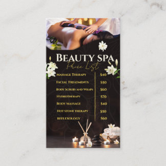 Carte De Visite Liste de prix des services de spa Menu
