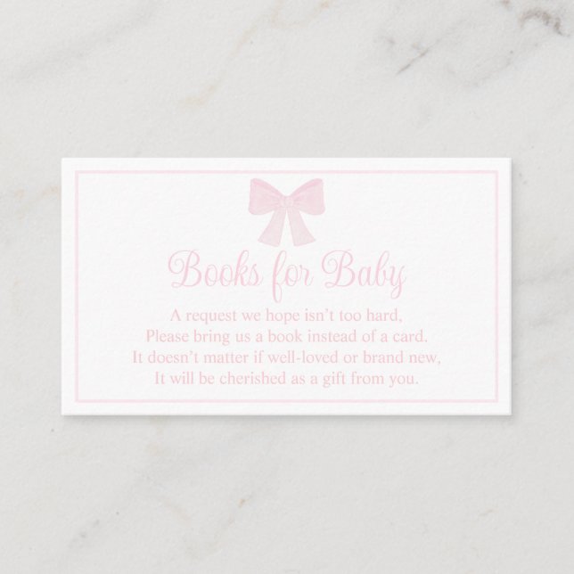 Carte De Visite Livres Pour Baby Pink Bow Preppy Baby shower (Devant)
