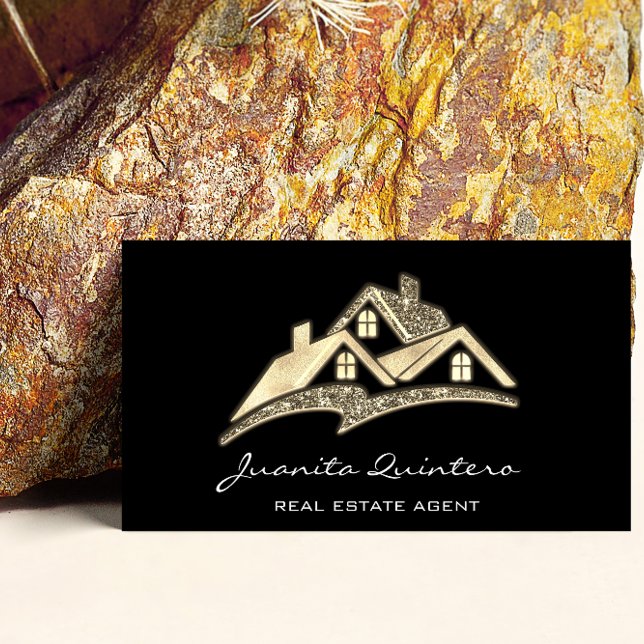 Carte De Visite Logo Agent immobilier professionnel QRCode Gold (Logo Real Estate Agent Professional QRCode Gold Business Card)