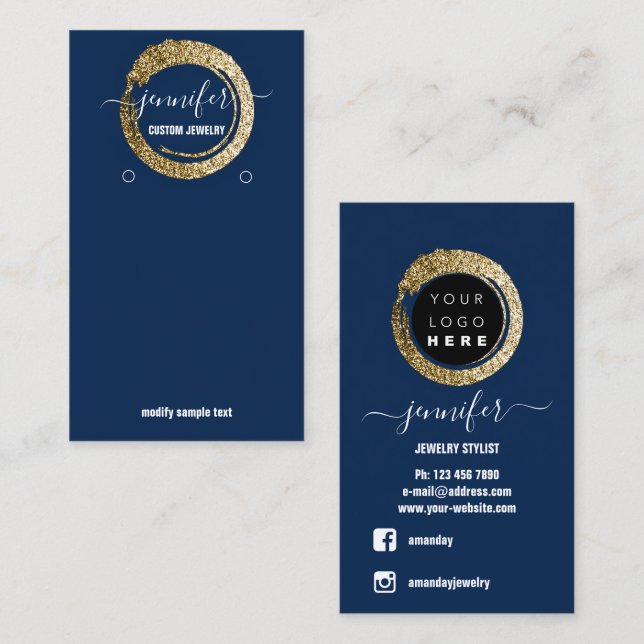 Carte De Visite Logo Bijoux personnalisés Social Media Blue Marine (Devant / Derrière)