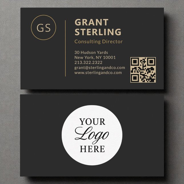 Carte De Visite Logo Black Gold Minimalist Code QR professionnel (Créateur téléchargé)