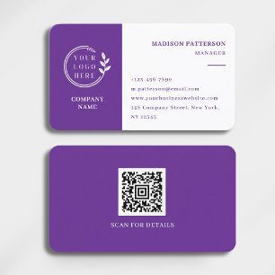 Carte De Visite Logo blanc violet QR Code minimaliste moderne