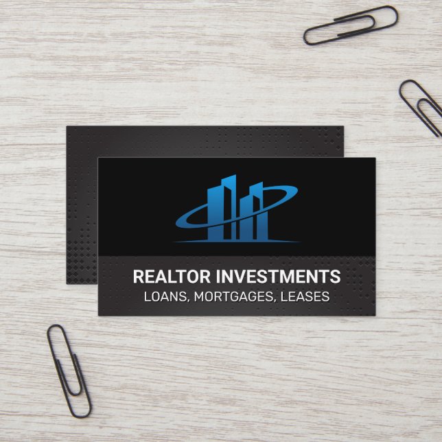 Carte De Visite Logo bleu de l'agent immobilier | Arrière-plan mét (Devant/Arrière en situation)