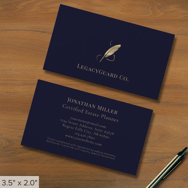 Carte De Visite Logo Blue Professional Luxury Gold Quill (Créateur téléchargé)