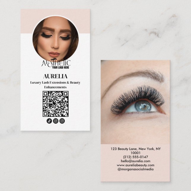 Carte De Visite Logo Blush Rose Code Qr Modern Lashes (Devant / Derrière)