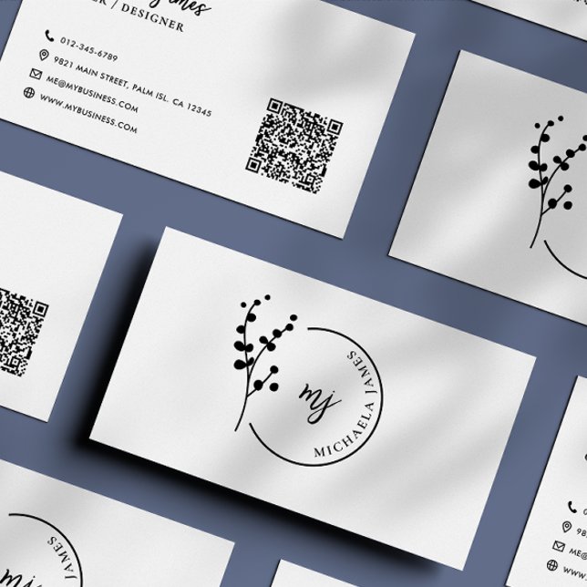 Carte De Visite Logo botanique moderne élégant code QR script (Créateur téléchargé)