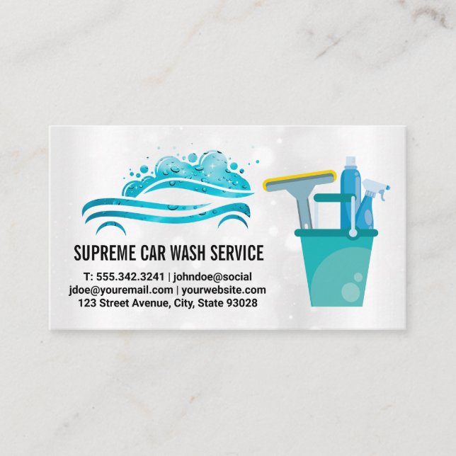 Carte De Visite Logo Carwash | Gouttes d'eau | Outils de nettoyage (Devant)