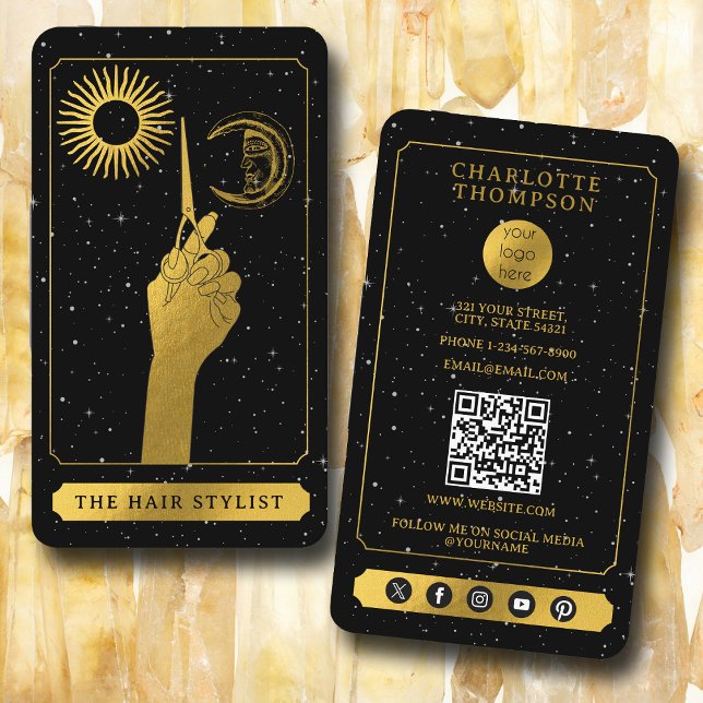 Carte De Visite Logo céleste Tarot Coiffeur Black Gold (Celestial Tarot Logo Hairdresser Black Gold Business Card)