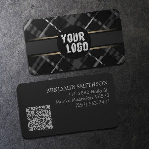 Carte De Visite Logo & Code QR Charcoal Grey Plaid Modern Brandé