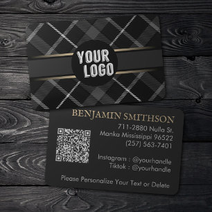 Carte De Visite Logo & Code QR Charcoal Grey Plaid Modern Brandé