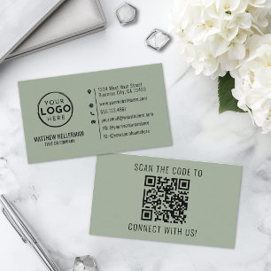 Carte De Visite Logo Code QR Minimaliste Professionnel Vert Sauge