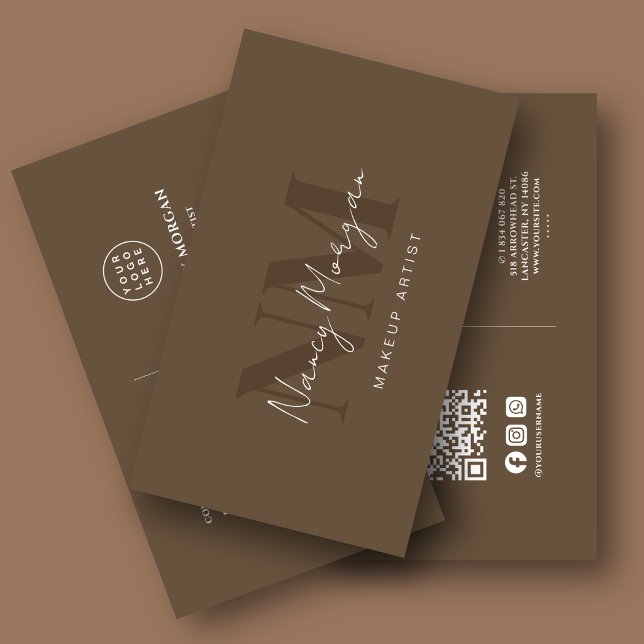 Carte De Visite Logo Code QR Monogramme Marron Maquillage  (Créateur téléchargé)