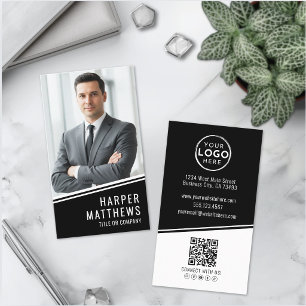 Carte De Visite Logo Code QR Photo Noir Vertical