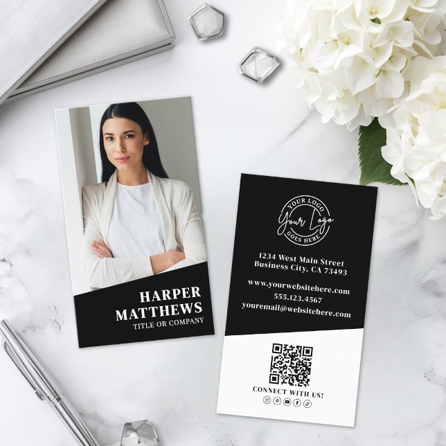 Carte De Visite Logo Code QR Photo Noir Vertical (Black Photo QR Code Logo Vertical Business Card )