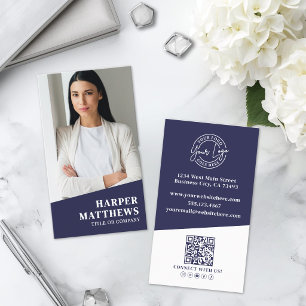 Carte De Visite Logo Code QR Photo Vertical Bleu Marine