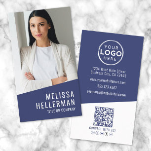 Carte De Visite Logo Code QR Photo Vertical Contemporain Bleu Mari