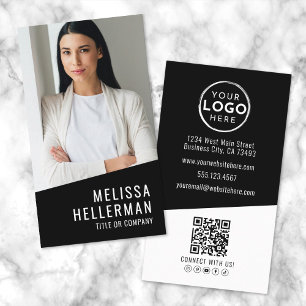 Carte De Visite Logo Code QR Photo Vertical Moderne Noir