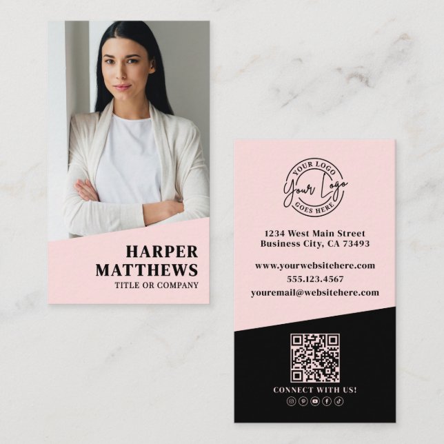 Carte De Visite Logo Code QR Rose Pâle (Devant / Derrière)