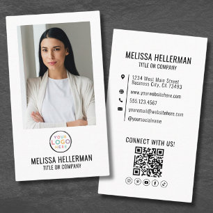Carte De Visite Logo Code QR Vertical Photo Blanc Générique
