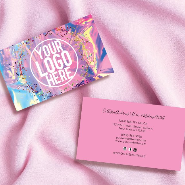 Carte De Visite Logo Confetti Parties scintillant Holographe rose  (Créateur téléchargé)